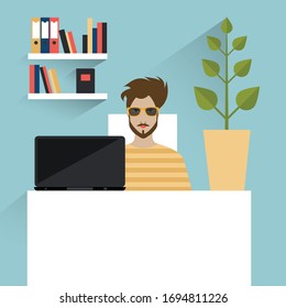  Heimarbeitsplatz. Mann, der zu Hause arbeitet. Flache Vektorillustration. 