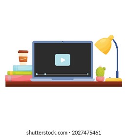 Home office workplace with online video on laptop. Vector illustration.