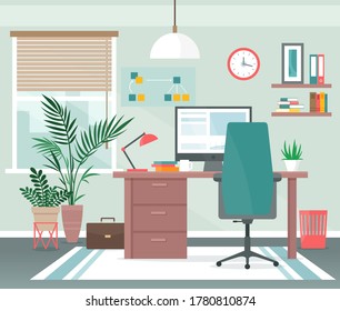 Home office workplace vector illustration. Cartoon flat apartment room interior with computer on table for freelance distance work, comfort chair, house window. Modern creative workspace background