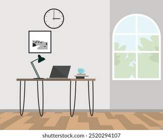 Home office workplace work from home concept table, laptop, lamp, wall-frame, clock, window and wooden floor vector illustration design