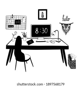 Hogar, lugar de trabajo. Trabajar desde casa. Ilustración vectorial, garabatos. Interior. Oficina, ordenador, portátil, lámpara, carpeta con papel, silla, tabla de humor. Ilustración vectorial, garabatos
