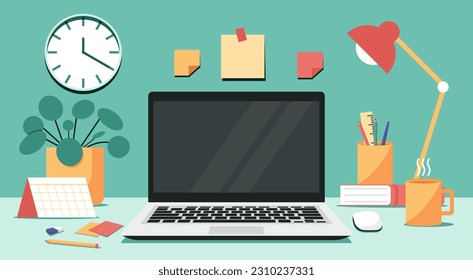home office workspace concept, blank screen laptop computer on table with mouse, cup, book, pencil holder, lamp, calendar, and plant on desk, and post it note, clock on wall, flat vector illustration