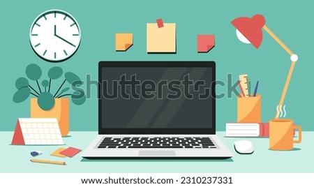home office workspace concept, blank screen laptop computer on table with mouse, cup, book, pencil holder, lamp, calendar, and plant on desk, and post it note, clock on wall, flat vector illustration