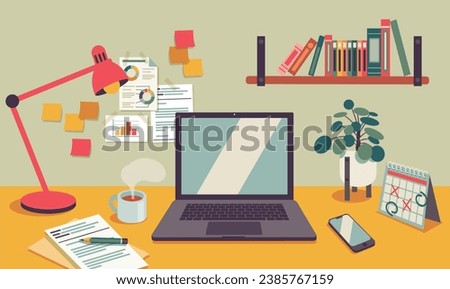 home office workspace concept, blank screen laptop computer on table with lamp, calendar, and plant on desk, vector flat illustration and separated items