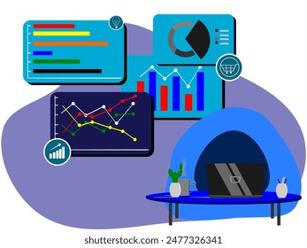 Home office workspace concept, computer on the table, cup on the table, cactus flower on the table, pencil box on the table, and illustration of several types of graphs, flat vector illustration