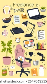 Home office workspace. Cozy freelance interior with laptop, soft armchair or desk. Lamp on table. Remote work with gadgets. Plant pot. Camera and microphone. Note stickers. Vector cartoon illustration