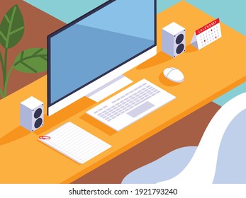 home office workspace desk computer keyboard calendar speaker and papers vector illustration