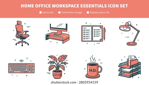 Home Office Workspace Essentials Icon Set Featuring Ergonomic Chair Monitor Stand Notebook Lamp and Productivity Accessories