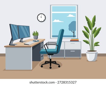 home office workspace featuring dual monitors, ergonomic chair, desk plants, and a window view. Ideal for remote work, productivity, and interior design themes.