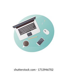 home office workspace. flat vector illustration. the view from the top. desk, phone, laptop, coffee. isolated on white background