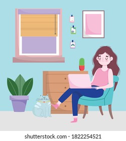 home office workspace, happy woman using laptop on chair with cat potted plants and window vector illustration