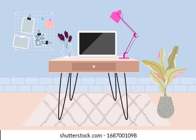 Home office workspace. Laptop and lamp on the table. Light blue room interior illustration. Working from home concept. Isolation and quarantine during the coronavirus. Beautiful work space design.