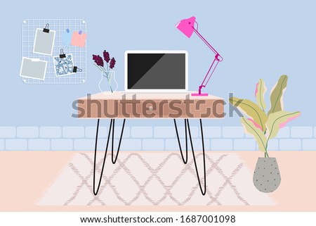 Home office workspace. Laptop and lamp on the table. Light blue room interior illustration. Working from home concept. Isolation and quarantine during the coronavirus. Beautiful work space design.