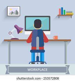 Home office workspace. Man working with computer in home workspace. Flat design. Vector Illustration.