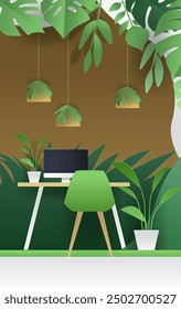 Home office workspace with plants modern desk green chair computer hanging lamps leaves brown background paper cut style