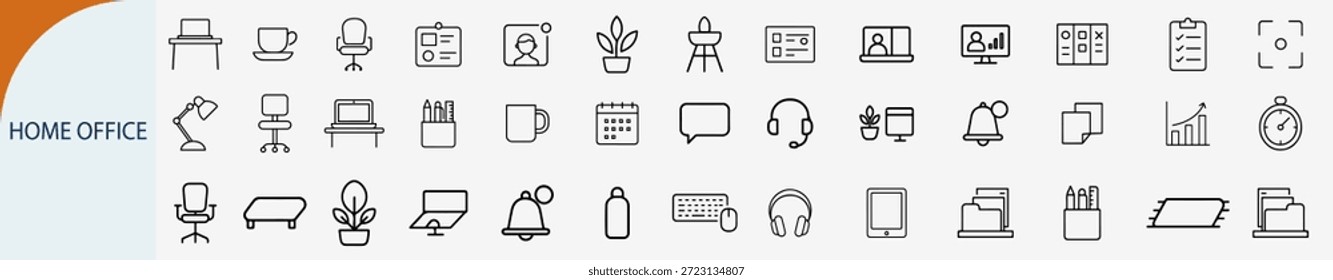 Espacio de trabajo de la oficina en casa e iconos de carrera de trabajo remoto, Vector de línea plana