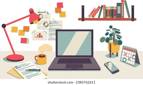 home office workspace white wall, blank screen laptop computer on table with lamp, calendar, and plant on desk, vector flat illustration and separated items