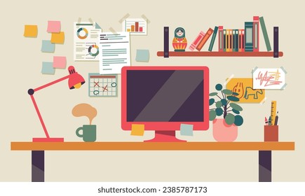 home office workspace white wall. blank screen computer on table with lamp, calendar, and plant on desk, vector flat illustration and separated items