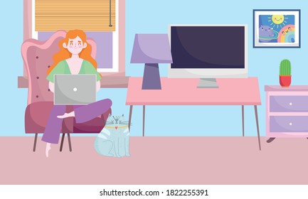 home office workspace, woman with laptop cat drawers cactus lamp computer and window vector illustration