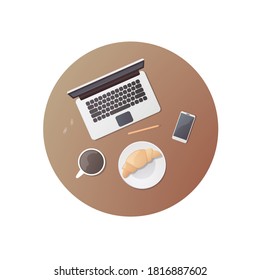 Home office workspace. Work and study. Flat vector illustration. The view from the top. Desk, phone, laptop, coffee. isolated on white background.
