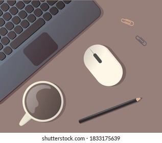 Área de trabajo de la oficina principal. Trabajo y estudio. Ilustración vectorial. La vista desde arriba Portátil, café, clips, lápiz y ratón de computadora.