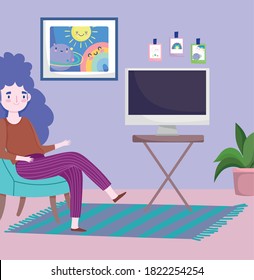 home office workspace, young woman with table computer in the room vector illustration