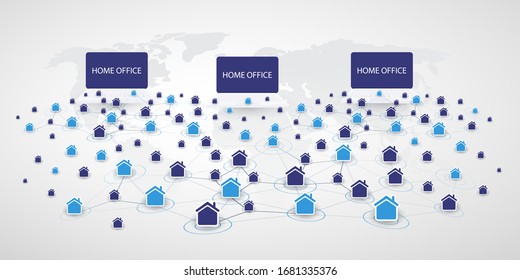 Home Offices - People Work at Home and Make Social Connections Through the Internet Only During the Time of Pandemic - Design Concept with Symbolic Network of Houses - Vector Illustration