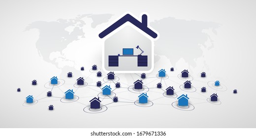 Home Offices - Separated People Work at Home and Make Social Connections Through the Internet Only - Design Concept with Symbolic Network of Houses - Vector Illustration