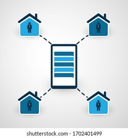 Home Offices,Business Never Stops - People Work at Home, Meetings, Chat Conferences are Made Through the Internet During the Coronavirus Pandemic, Design Concept with Network of Homes and Mobile Phone