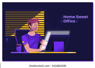Home Office.Young man working on modern loft office at night.Flat vector illustration