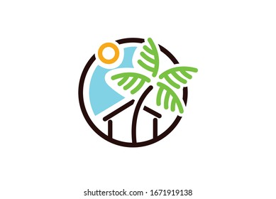 Home on beach Line icon vector with sun and sky and palm tree