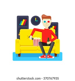 home on the couch watching a movie with popcorn