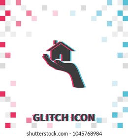 Home on the hand  glitch effect vector icon.