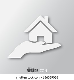 Home on hand icon in white style with shadow isolated on grey background. For your design, logo. Vector illustration.