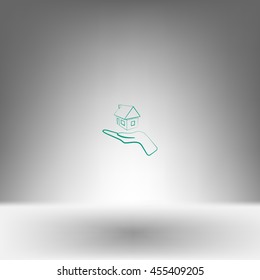 Home on the hand outline vector icon