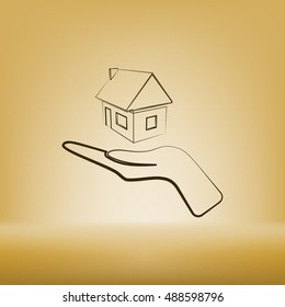Home on the hand outline vector icon