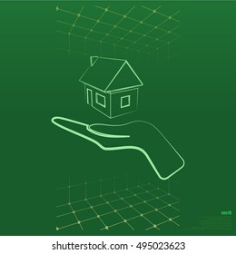 Home on the hand outline vector icon