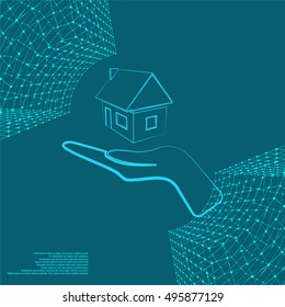 Home on the hand outline vector icon