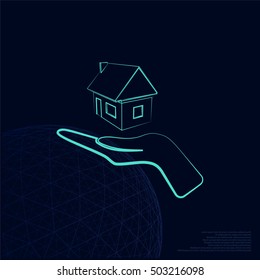 Home on the hand outline vector icon