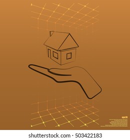 Home on the hand outline vector icon