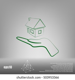 Home on the hand outline vector icon