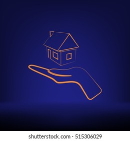 Home on the hand outline vector icon