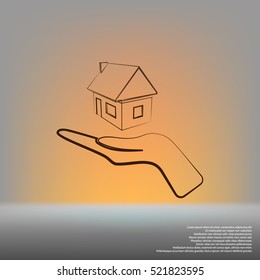 Home on the hand outline vector icon