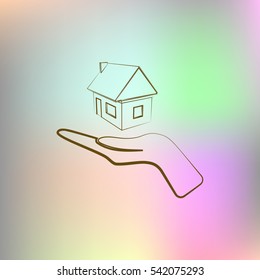 Home on the hand outline vector icon