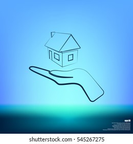 Home on the hand outline vector icon