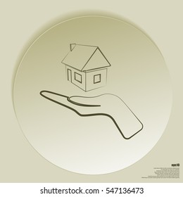 Home on the hand outline vector icon