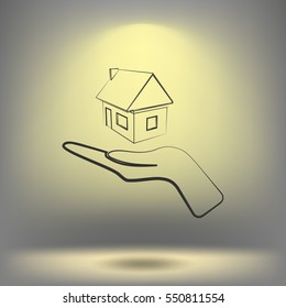 Home on the hand outline vector icon