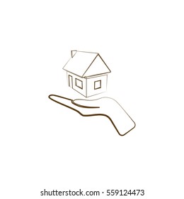 Home on the hand outline vector icon
