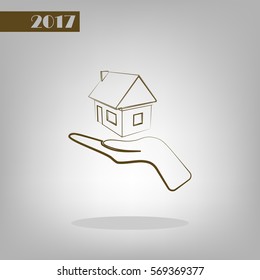 Home on the hand outline vector icon