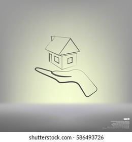 Home on the hand outline vector icon